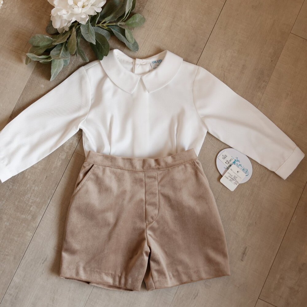 Champagne Beige Boy's Velvet Dressy Short Set White Long Sleeve Luli & Me NWT